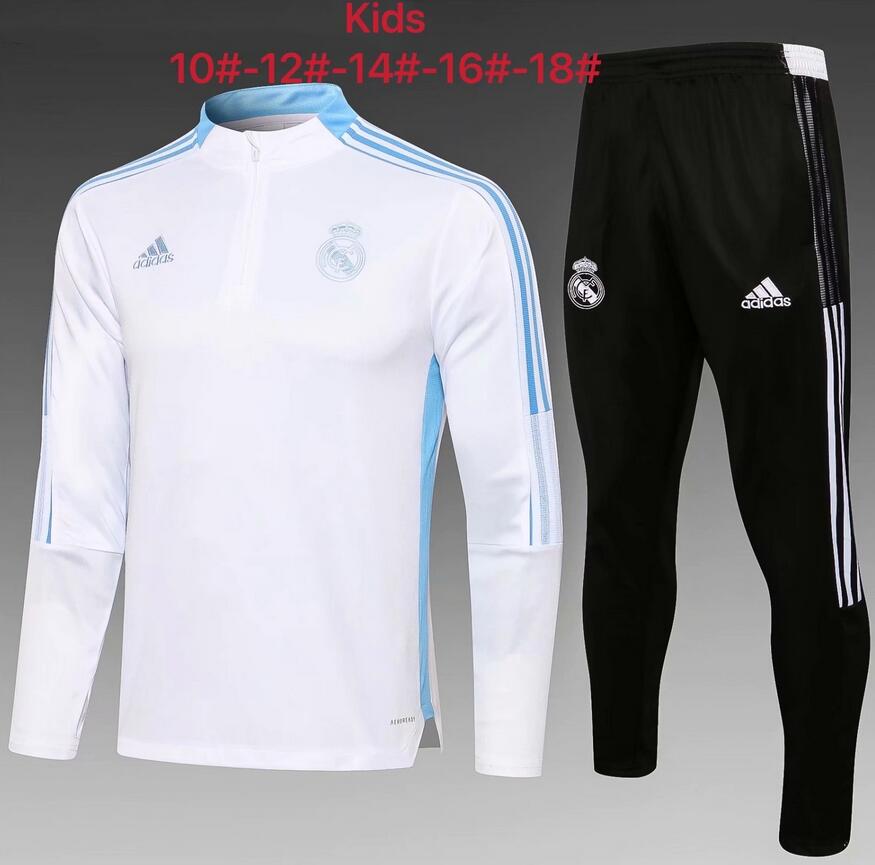 Kids 2021/22 Real Madrid White Sweatshirt and Pants Training Kits